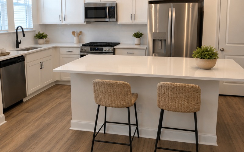 a kitchen with white cabinets