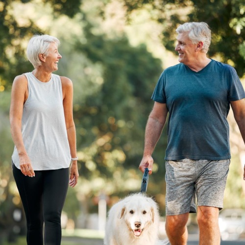 a man and woman walking a dog